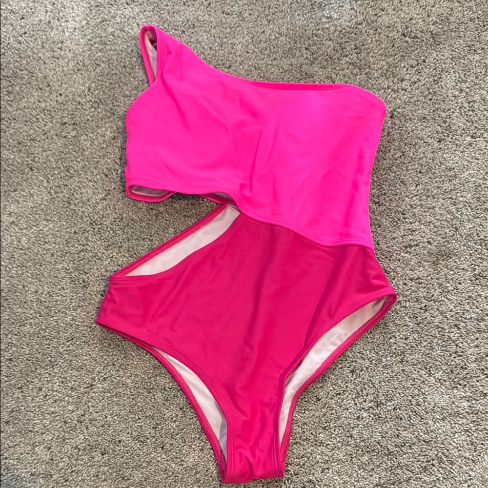 Pink Asymmetrical One-Piece Swimsuit with Cutout
